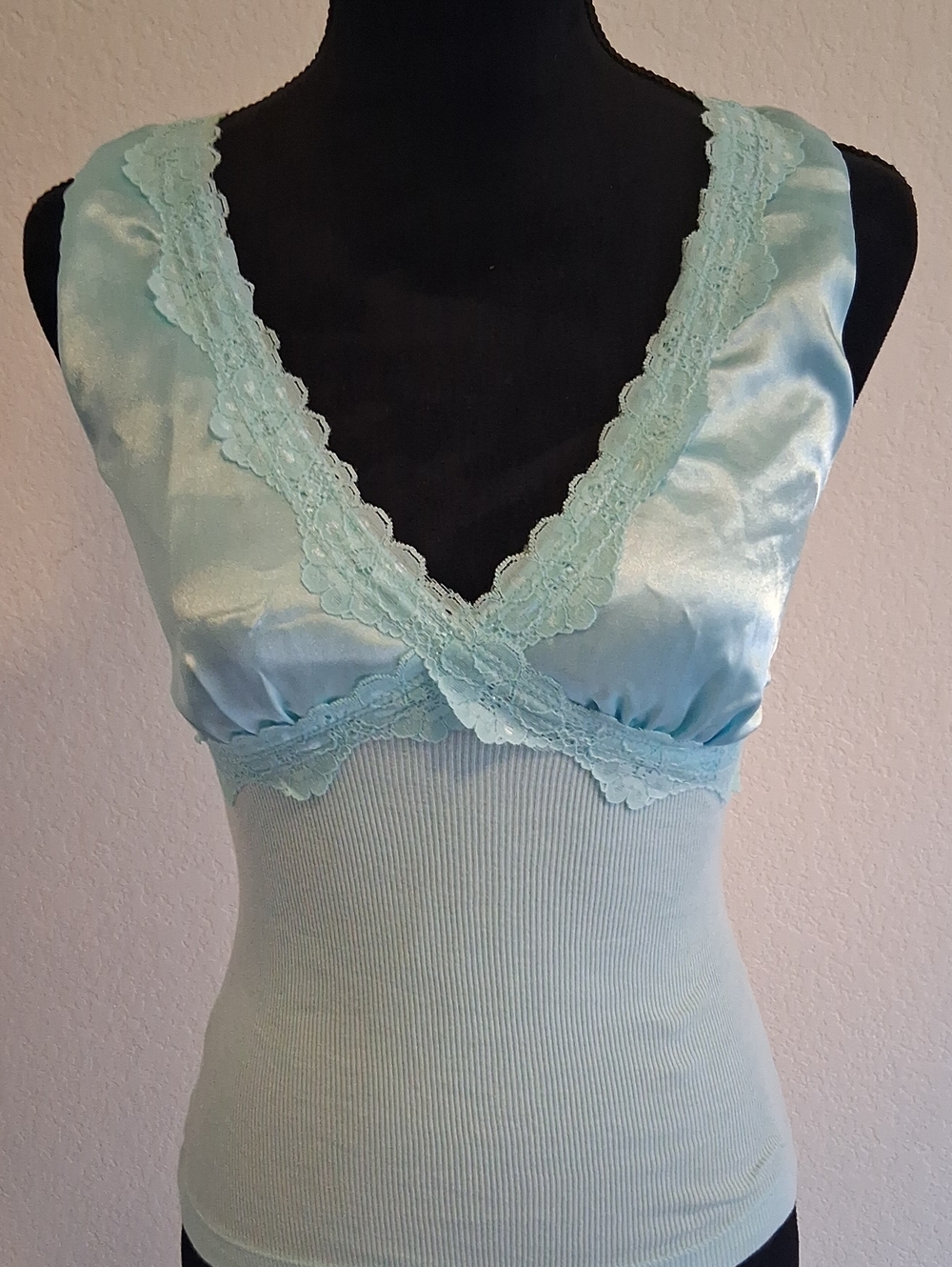 Light Aqua Lace-Trim Satin & Ribbed Sleep Tank - Women